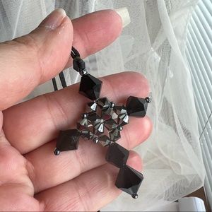 Swarovski Elements Jet Black Beaded Cross on Swede Cord Necklace - Handmade